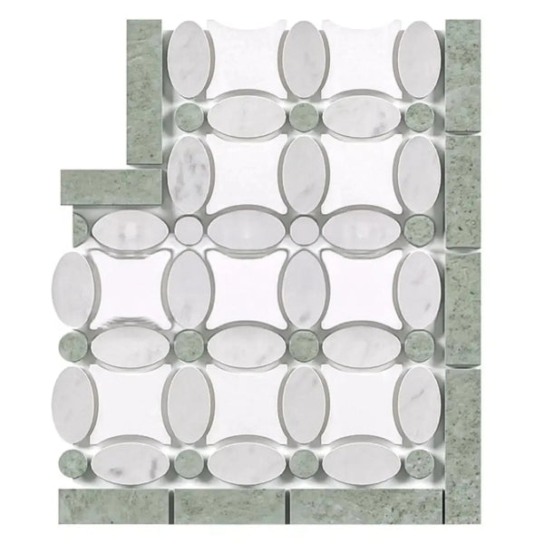 Decorative marble tile pattern of Thassos White Florida Flower Border Corner in Ming Green