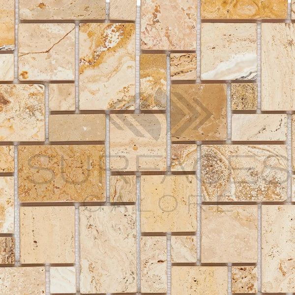 Beige and brown travertine mosaic tile in Valencia Travertine Opus Mini-Pattern