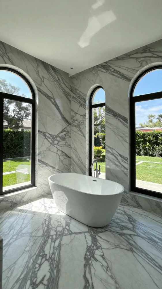 This list details 15 design features of Arabescato Corhia, an Italian luxury marble suitable for floors and walls.