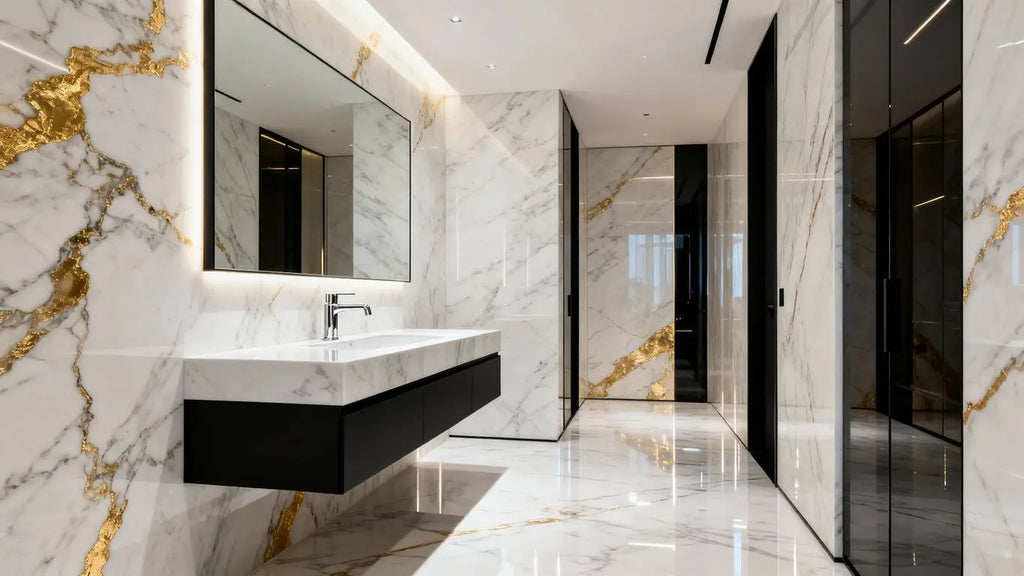 Designer Transforms Small Bathroom into Marble Masterpiece