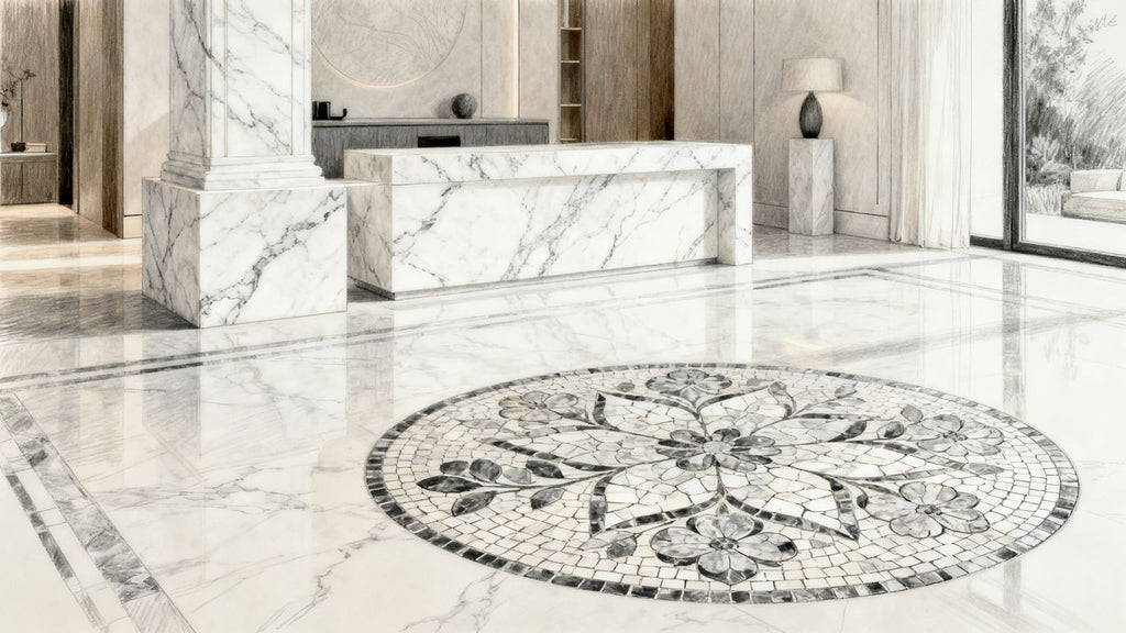 Transform your space with the timeless elegance of Carrara chateau flower marble mosaic