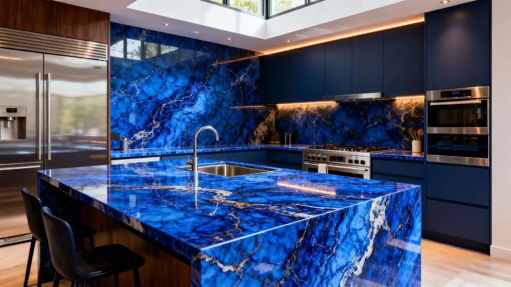 Kate Hudson's Kitchen Steals the Show with Bold Blue Marble Countertops