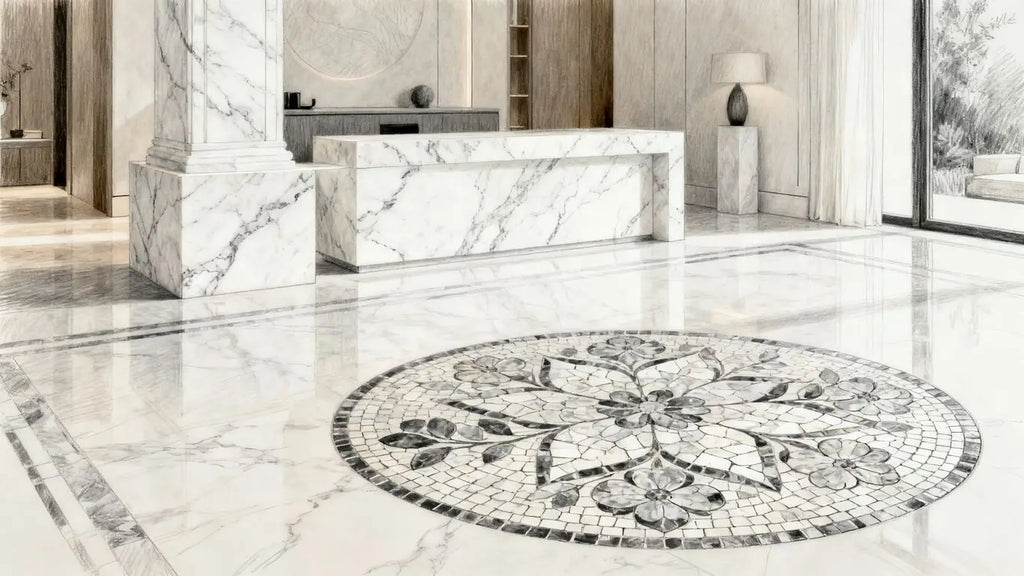 Transforma tu espacio con la elegancia atemporal del mosaico de mármol flor de chateau de Carrara