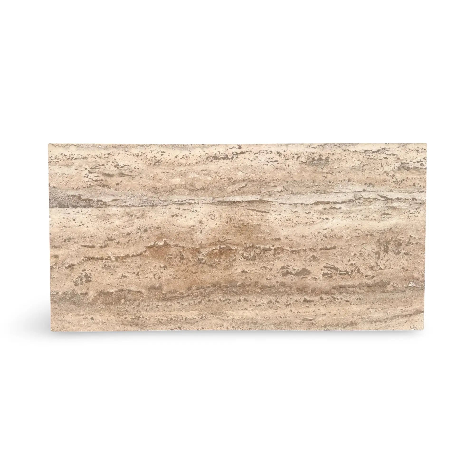 Beige and tan Legno D’argento Striato Roman Silver Travertine tile with natural layered striations.