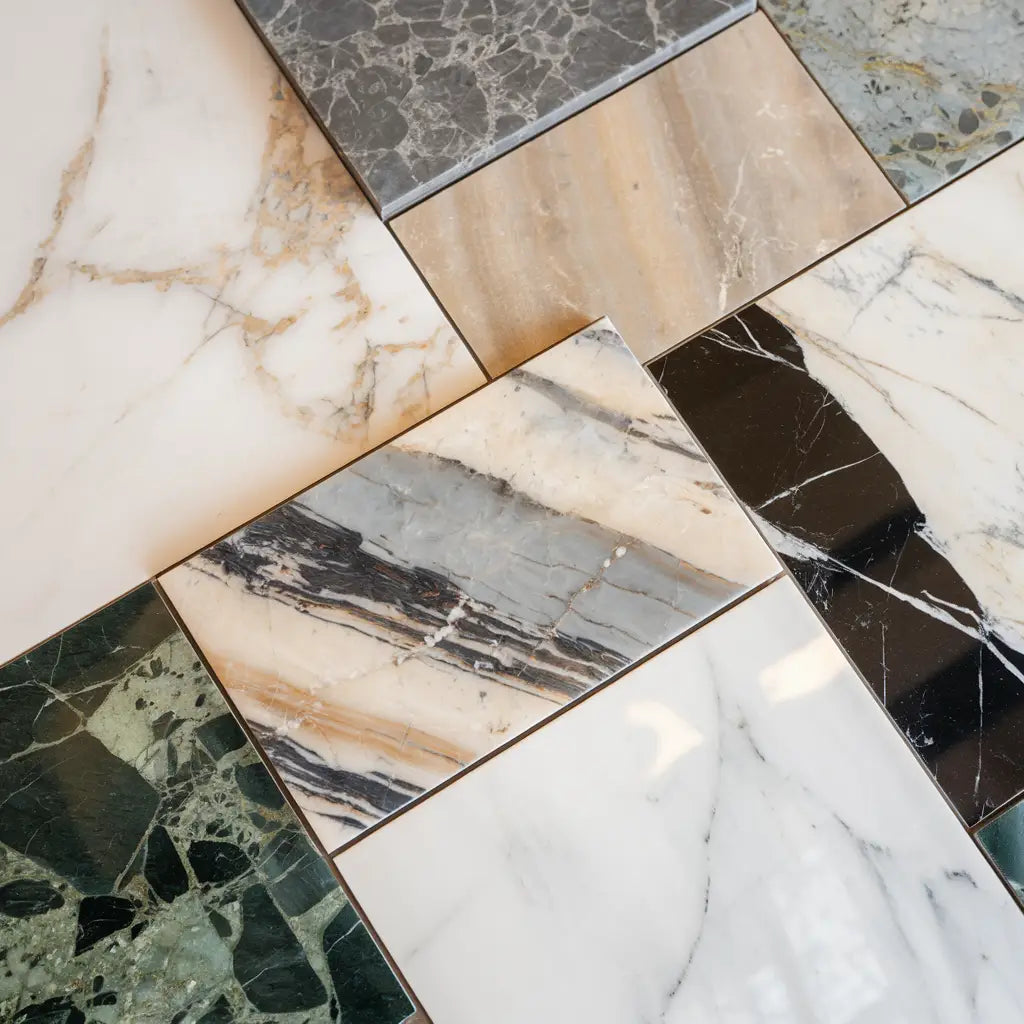 Assorted marble tile samples from the Polished collection for elegant interior design