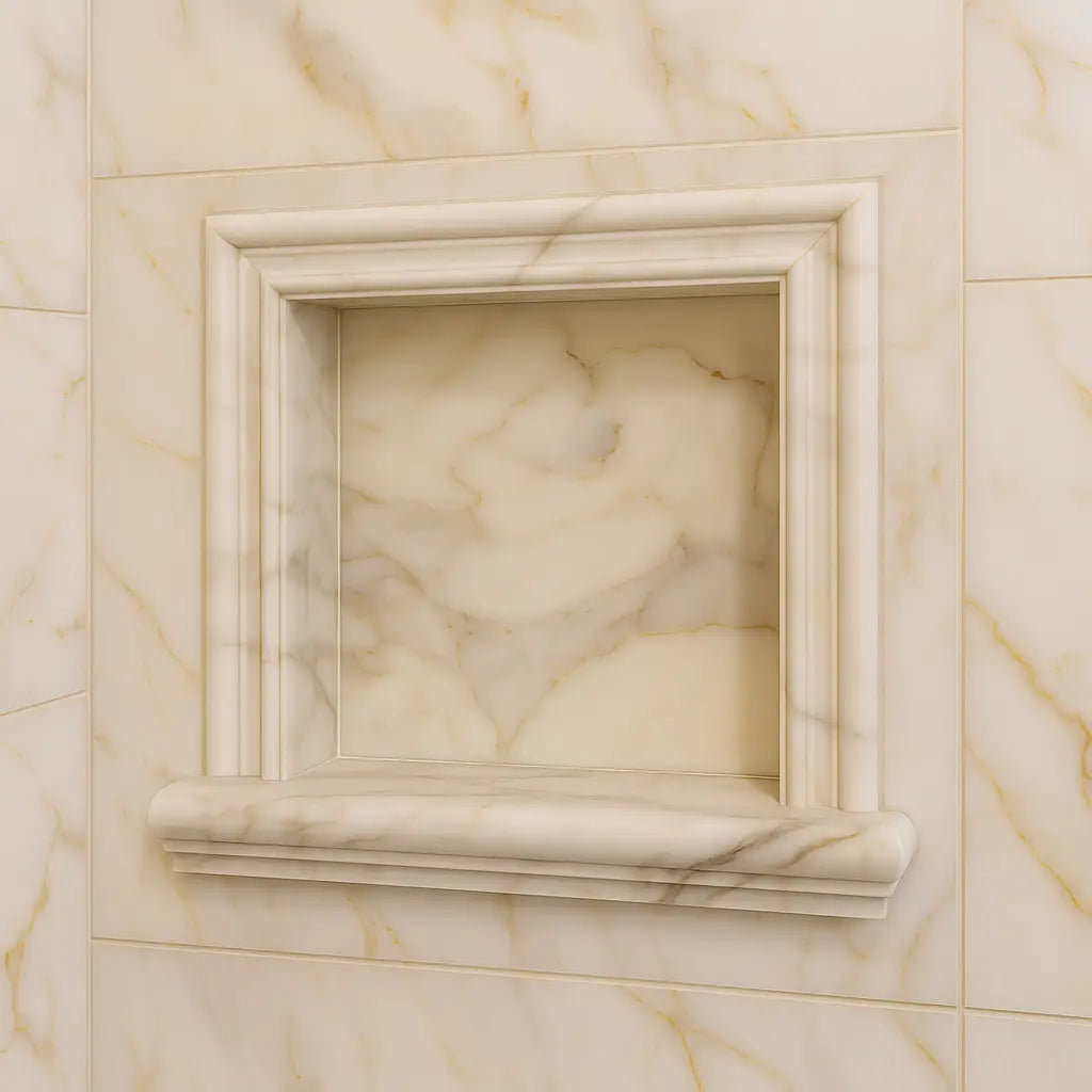 Marble-framed shower niche from the Shampoo Niche collection for elegant bathroom storage