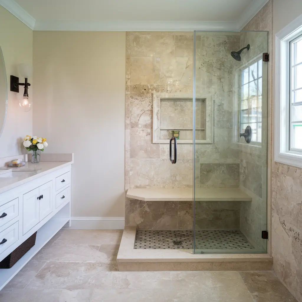 Modern bathroom shower featuring Travertine Mosaic tiles for elegant design