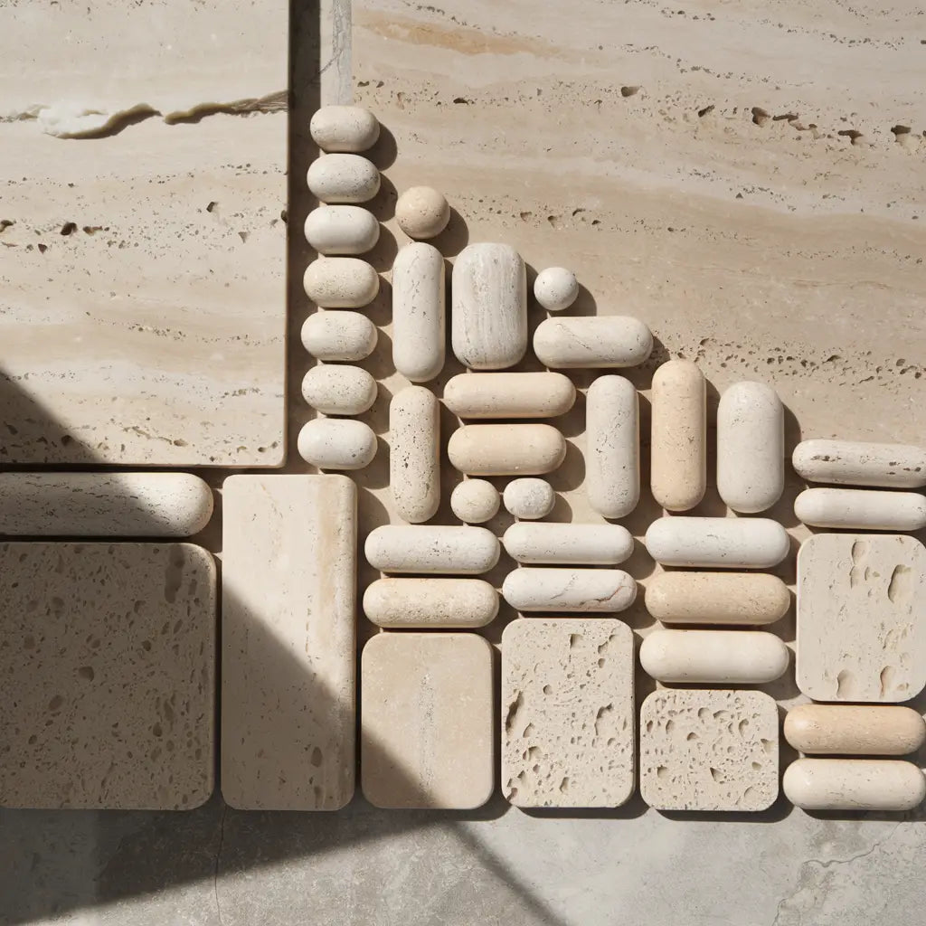 Assorted Tumbled Travertine Stone Tiles Displayed in a Collection