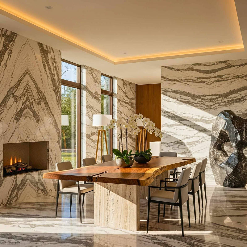 A live-edge wooden dining table with a light-colored stone base