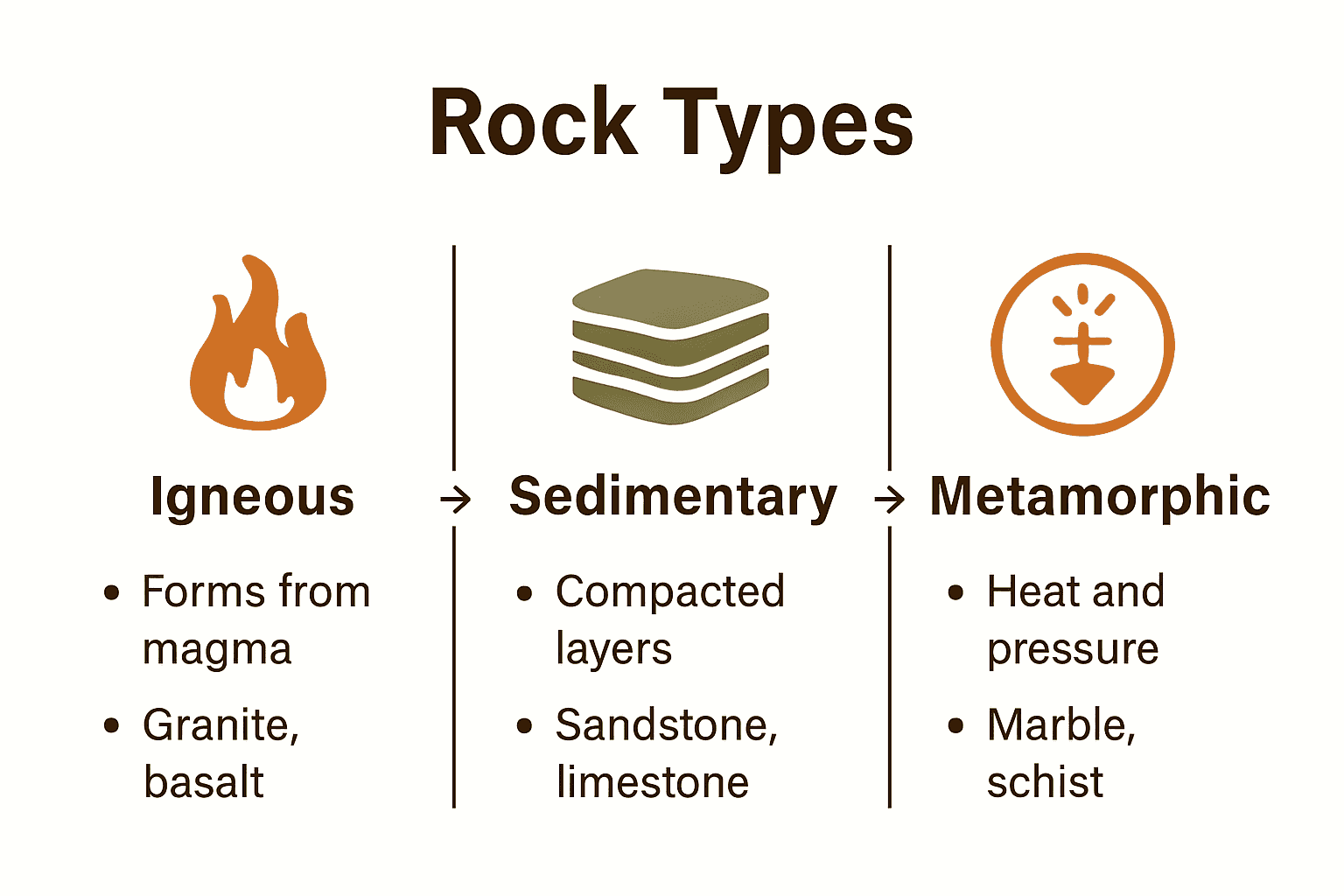 Infographic comparing igneous, sedimentary, and metamorphic stones with icons and properties.