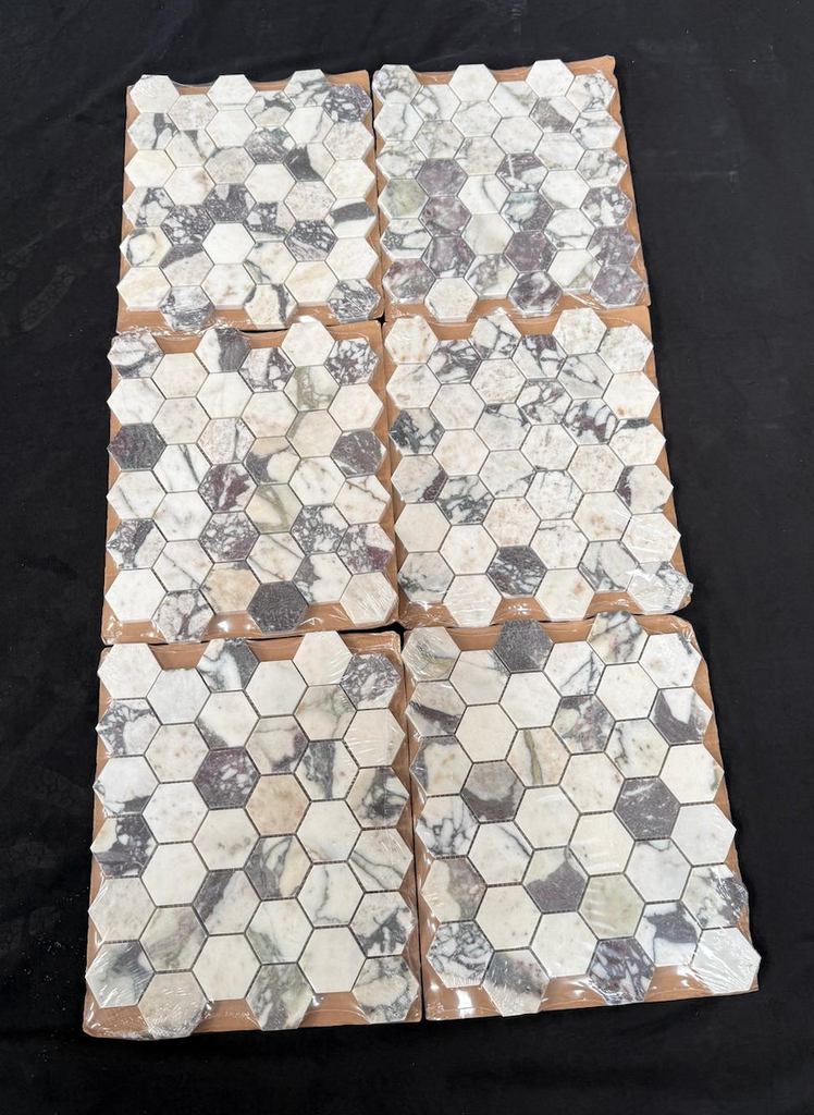 Calacatta viola 2 inch hexagon polished or honed white and gray marble mosaic tiles in four rectangular panels