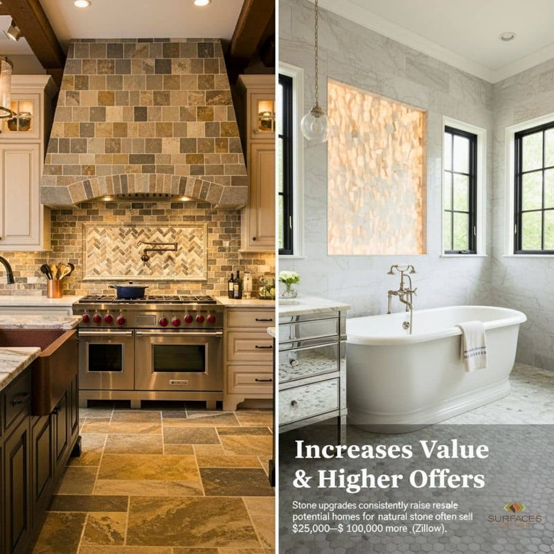 Kitchen and bathroom interiors featuring natural stone finishes