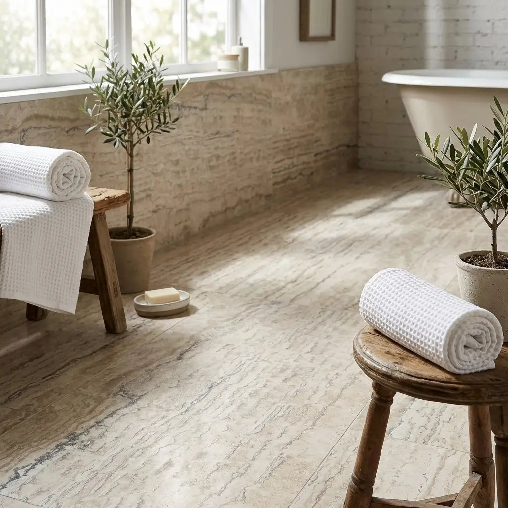 White waffle-weave bath towel rolled neatly on rustic wooden stool near alabastrino rustic white vein-cut travertine 12x24 tile