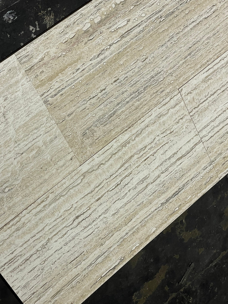 Alabastrino Rustic White Vein-Cut Travertine 12x24 plank flooring, beige wood-grain vinyl