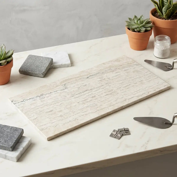 Beige alabastrino rustic white vein-cut travertine tile with subtle gray veining and textured natural polished honed surface