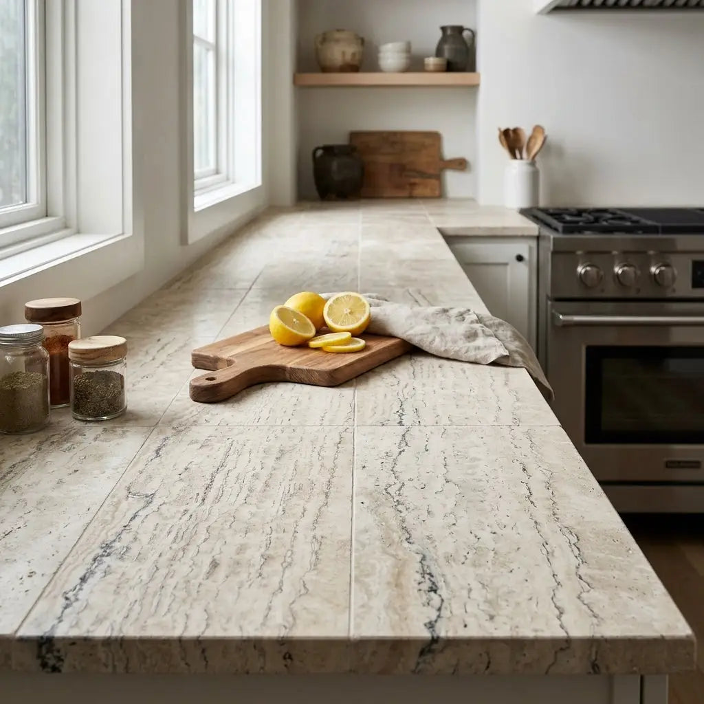 Beige and gray veined alabastrino rustic white vein cut travertine kitchen countertop with polished honed finish