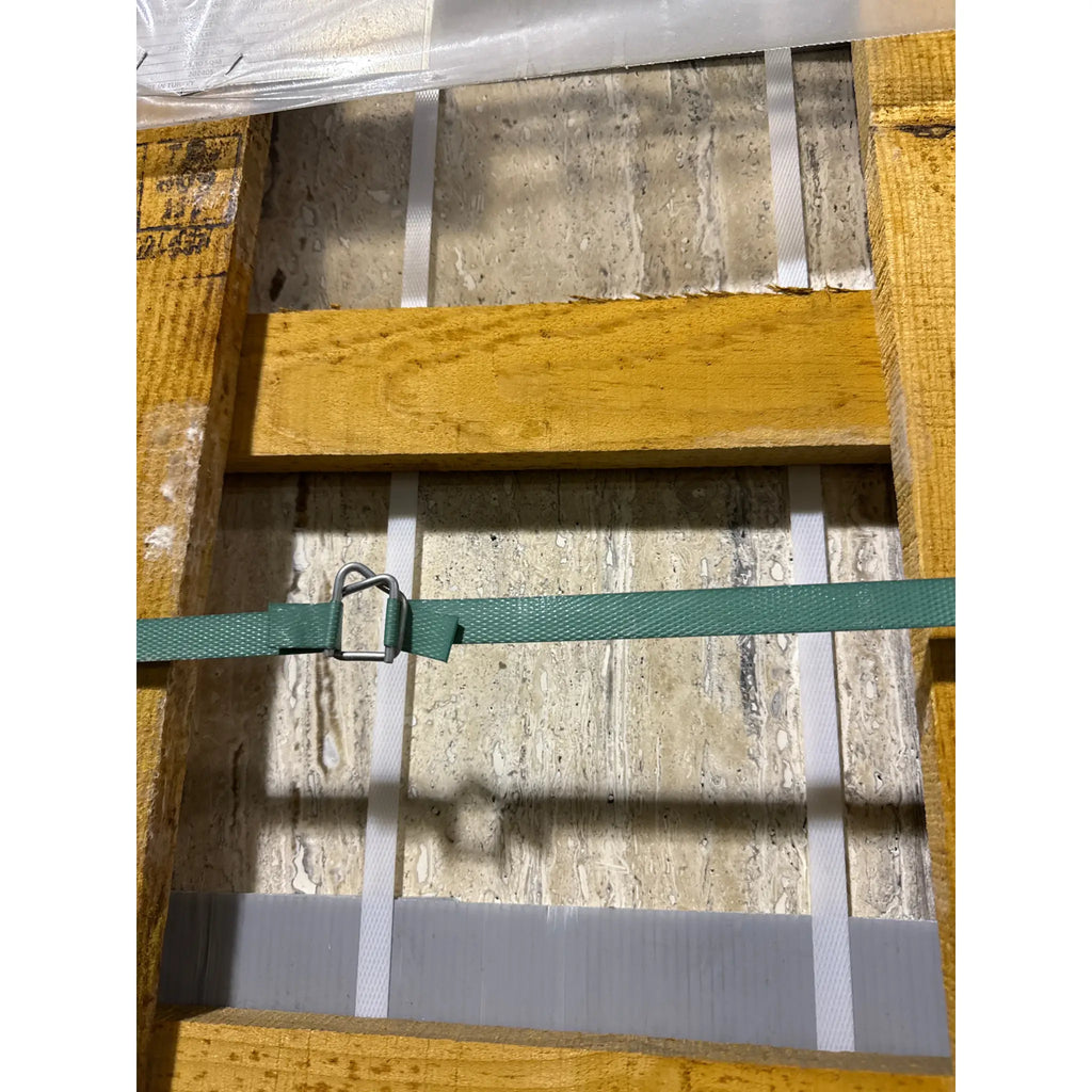 Wooden crate containing Stone slabs of Alabastrino Rustic White Vein-Cut Travertine 12X24