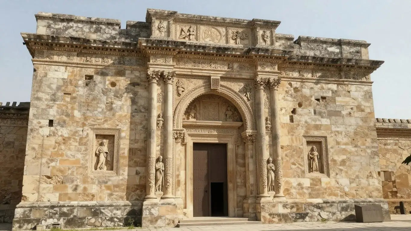 Sketch of ancient limestone building facade