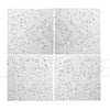 Four white Andromeda Quartz tiles with blue speckles, polished finish, 24X24 size