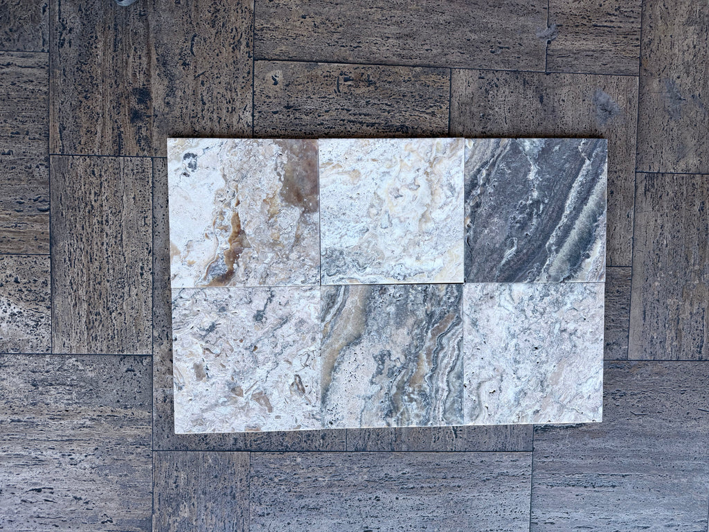 Six Antico Onyx Travertine 12x12 antique hand-tumbled marble tiles on wood