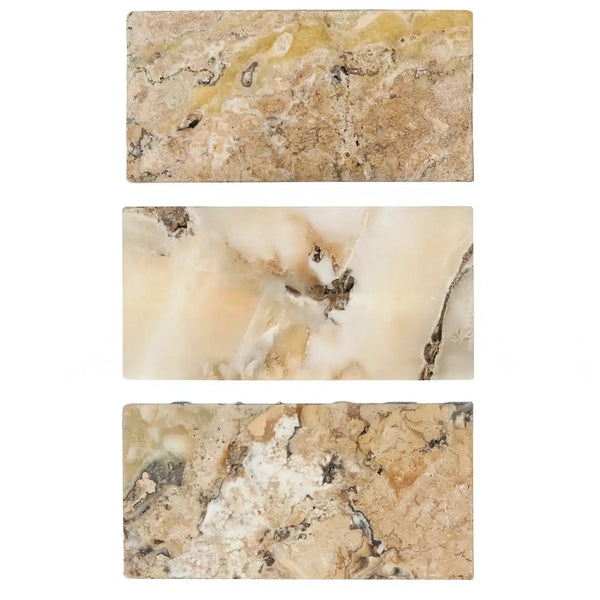 Three Antico Onyx Travertine 12X24 Filled Polished tiles showcasing natural elegance