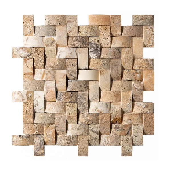 Antico Onyx Travertine 1x2 Herringbone Round-Faced Mosaic Tile Displayed Elegantly