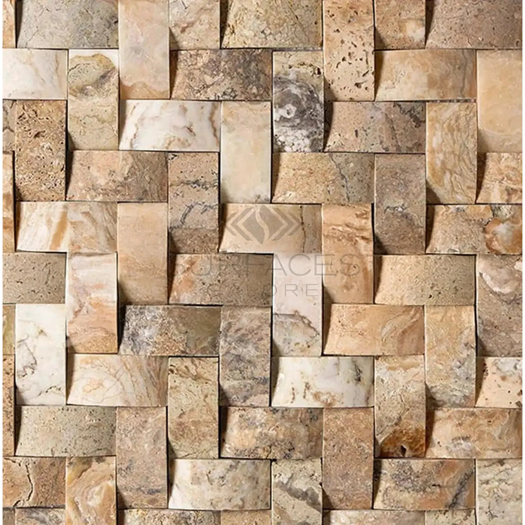 Textured stone mosaic tile of Antico Onyx Travertine in herringbone pattern