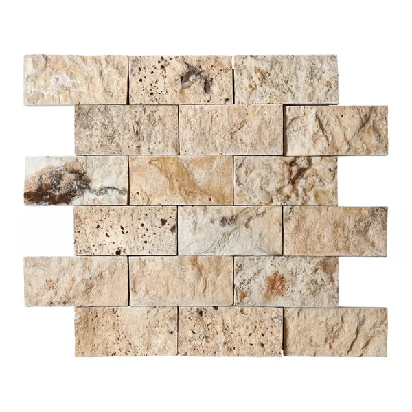 Antico Onyx Travertine 2X4 Brick Mosaic Split-Faced Wall Tile in Natural Stone Finish