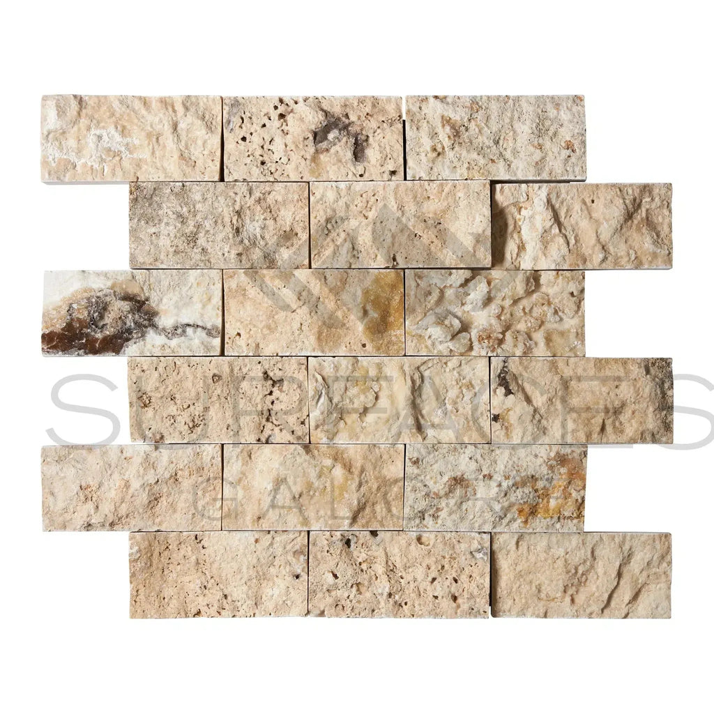 Antico Onyx Travertine 2X4 Brick Mosaic Split-Faced wall tile in natural stone finish