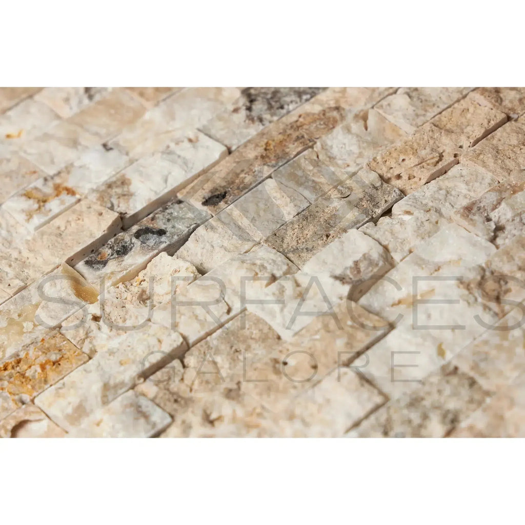Textured beige stone mosaic in Antico Onyx Travertine 2X4 Brick Mosaic Split-Faced