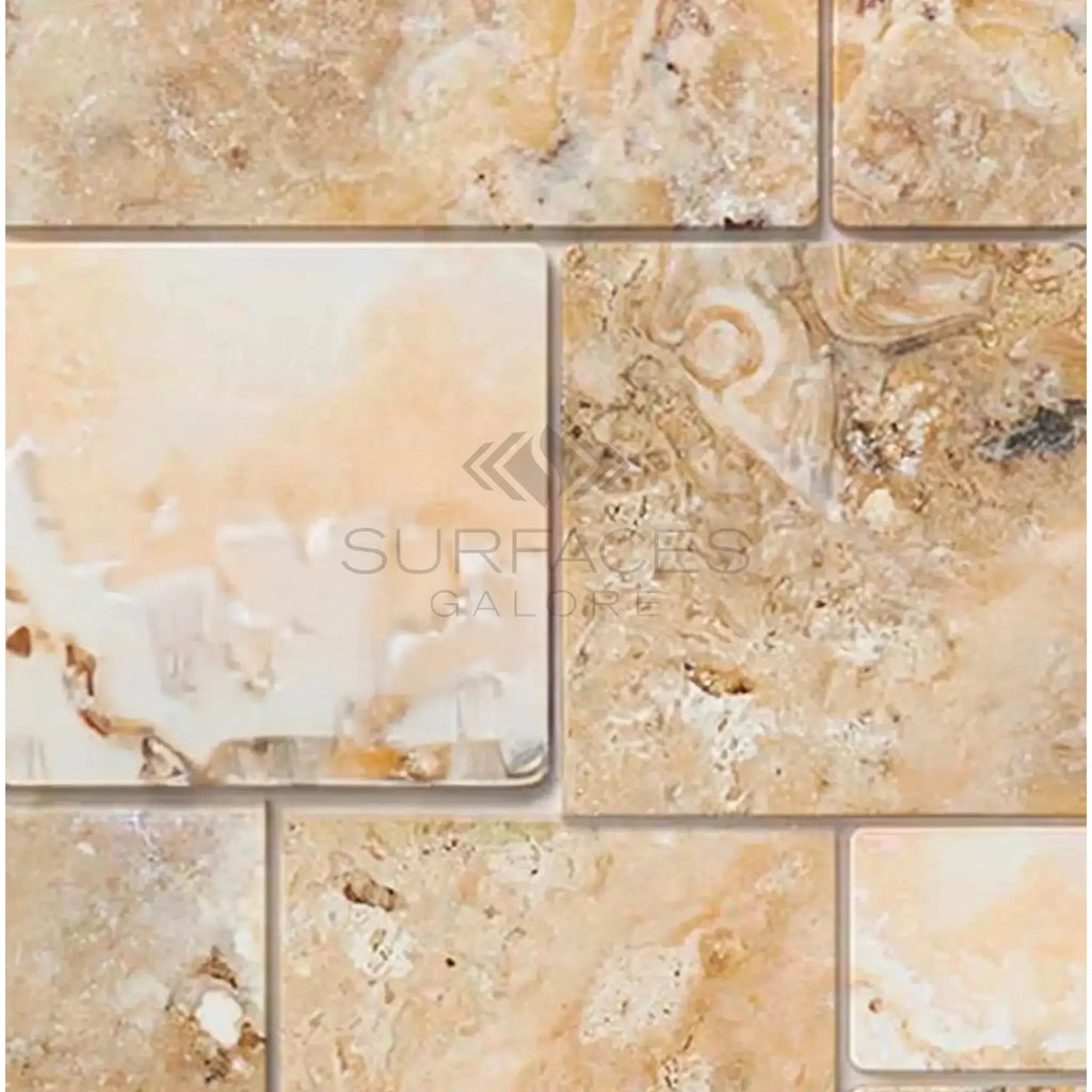 Beige and white marble tile pattern in Antico Onyx Travertine Versailles set