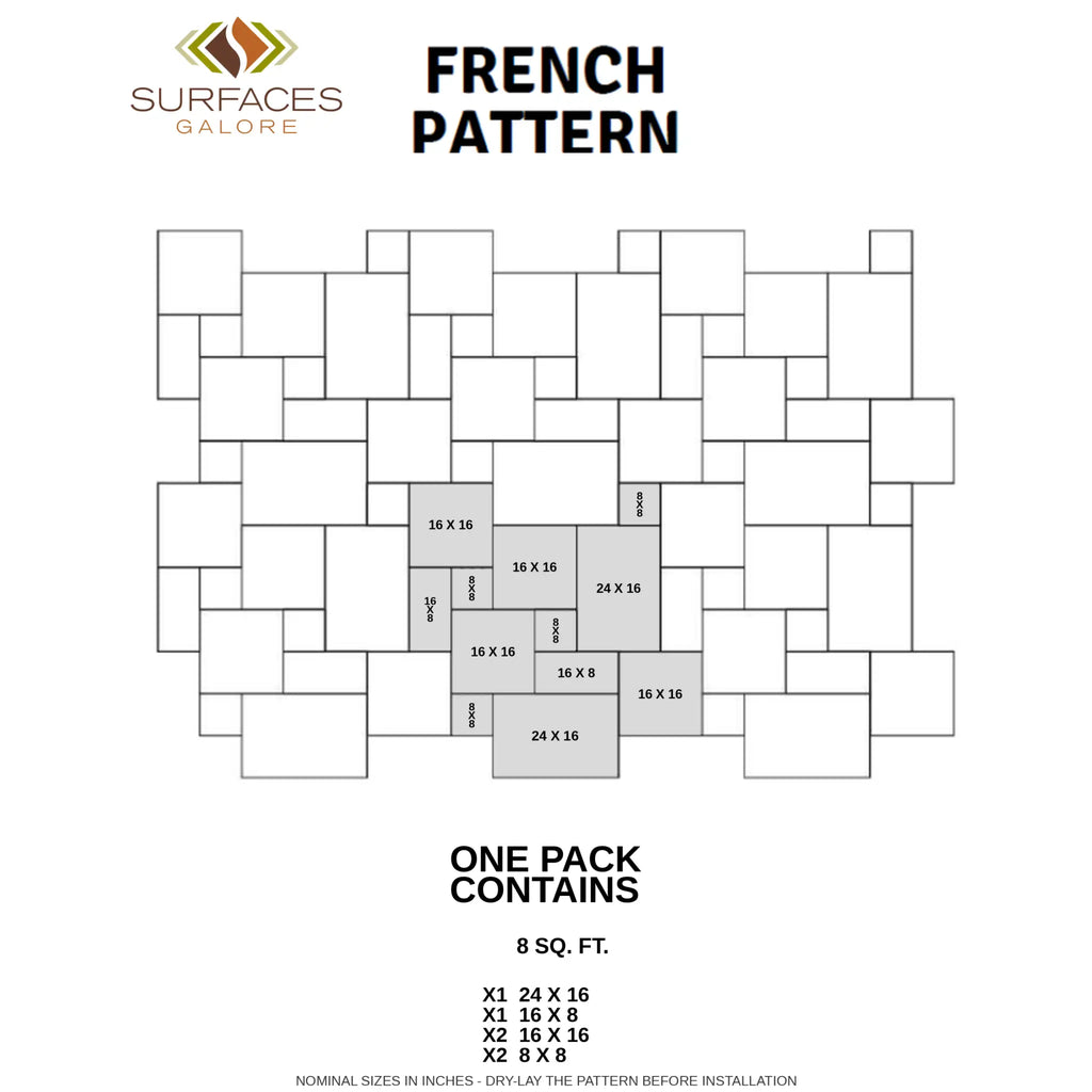 Diagram of philadelphia travertine 4 pcs versailles pattern french pattern set unfilled with brushed and chiseled edge