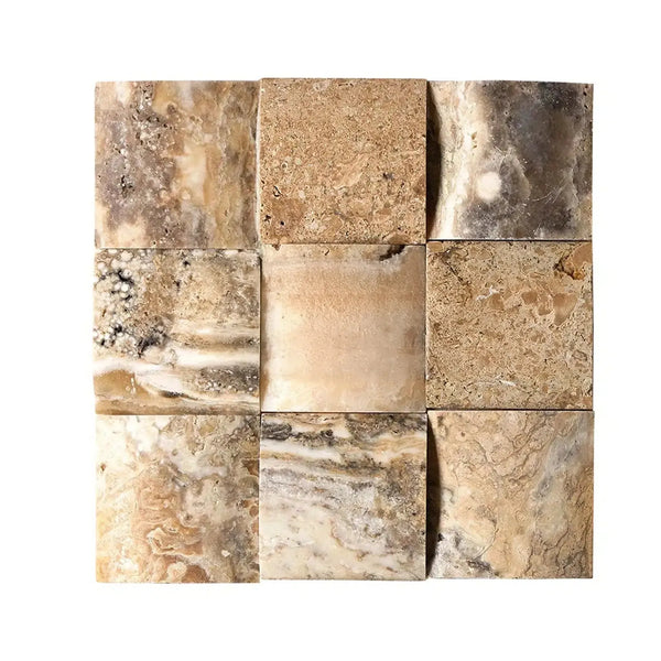 Antico Onyx Travertine 4X4 CNC-Arched tiles in a nine square layout, honed finish