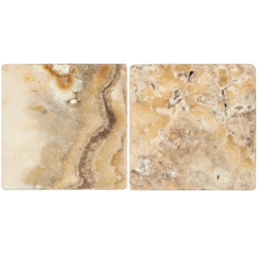 Two square Antico Onyx Travertine 6X6 tumbled coasters displayed elegantly