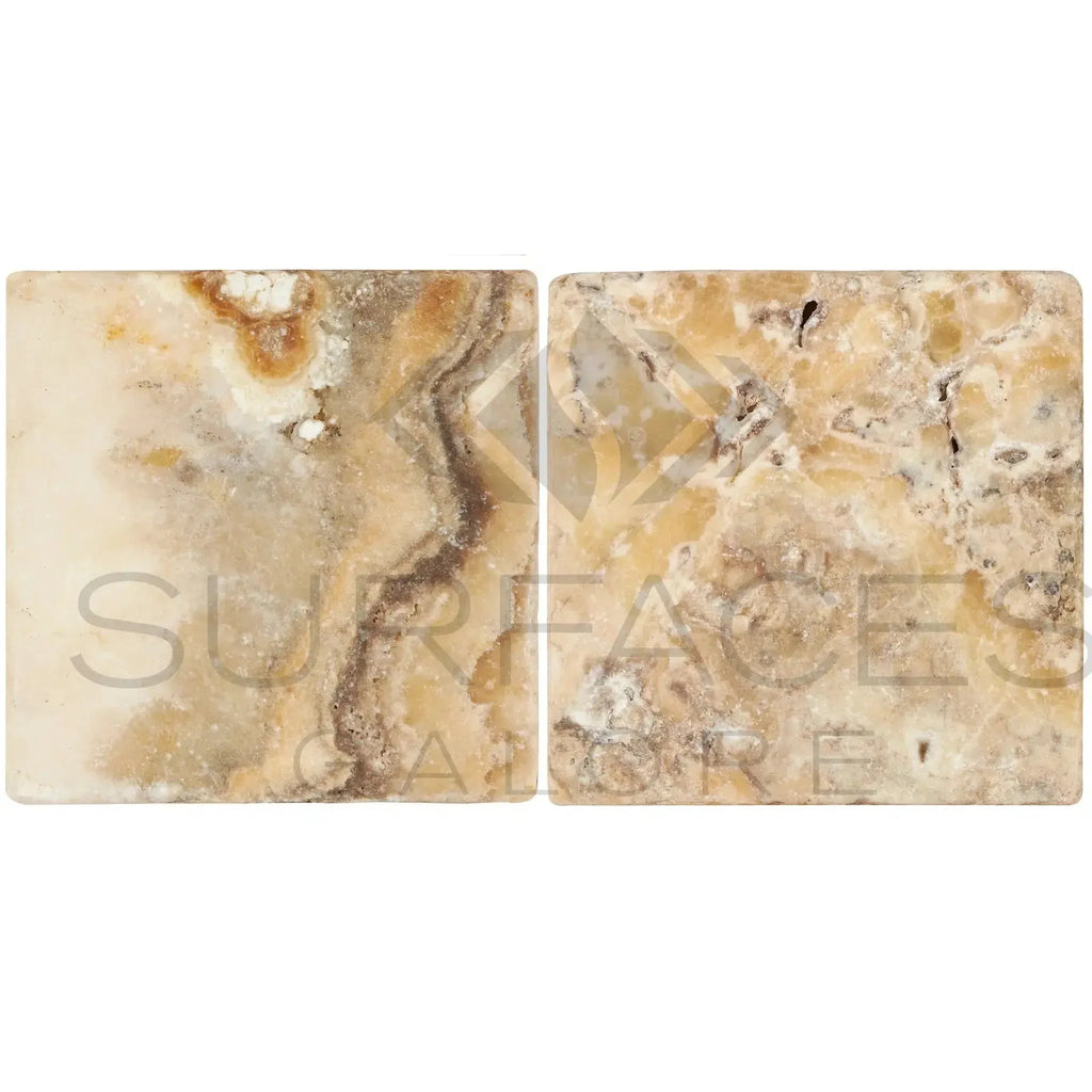 Two square onyx tiles from Antico Onyx Travertine 6X6 Tumbled collection