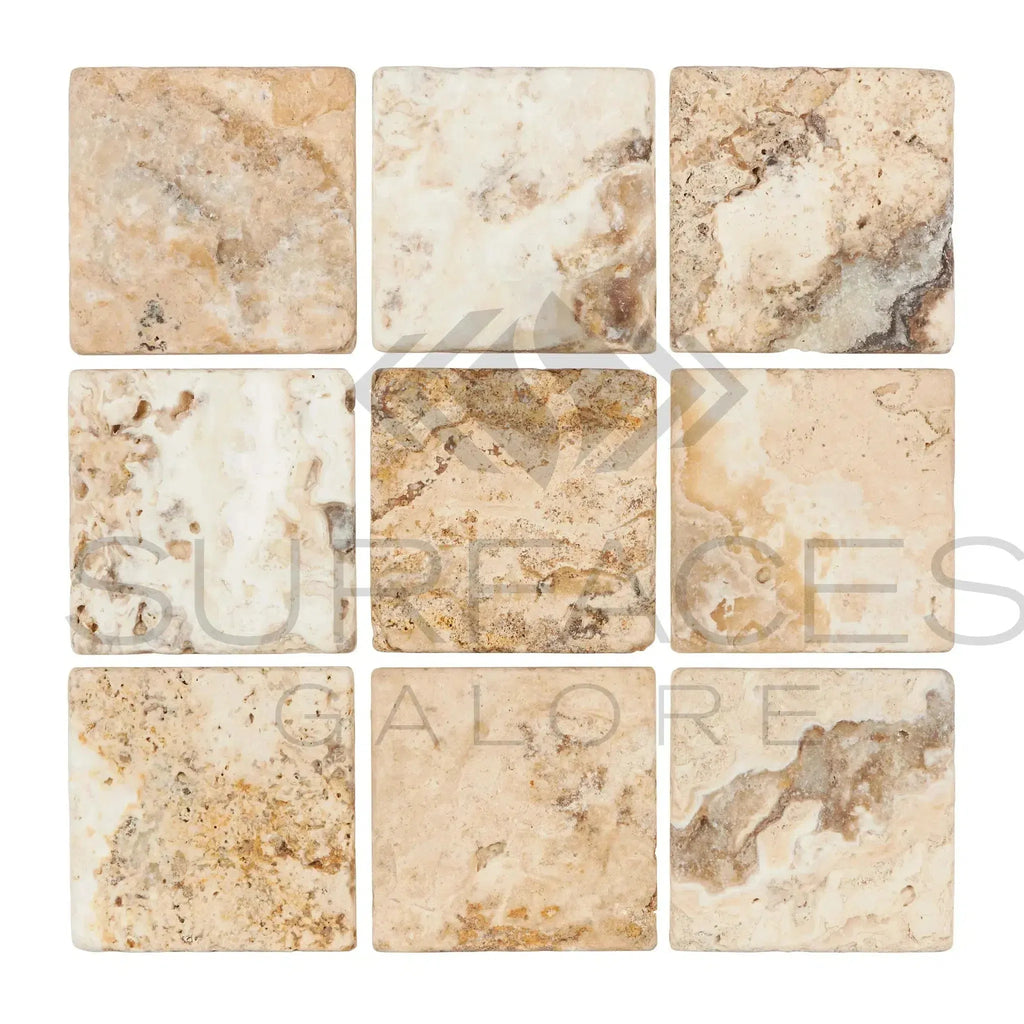 Antico Onyx Travertine 6X6 Tumbled showcasing nine square travertine tiles