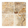 Four Antico Onyx Travertine 6X6 Tumbled tiles showcasing natural stone texture