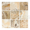 Nine square Antico Onyx Travertine 6X6 Tumbled tiles showcasing natural elegance