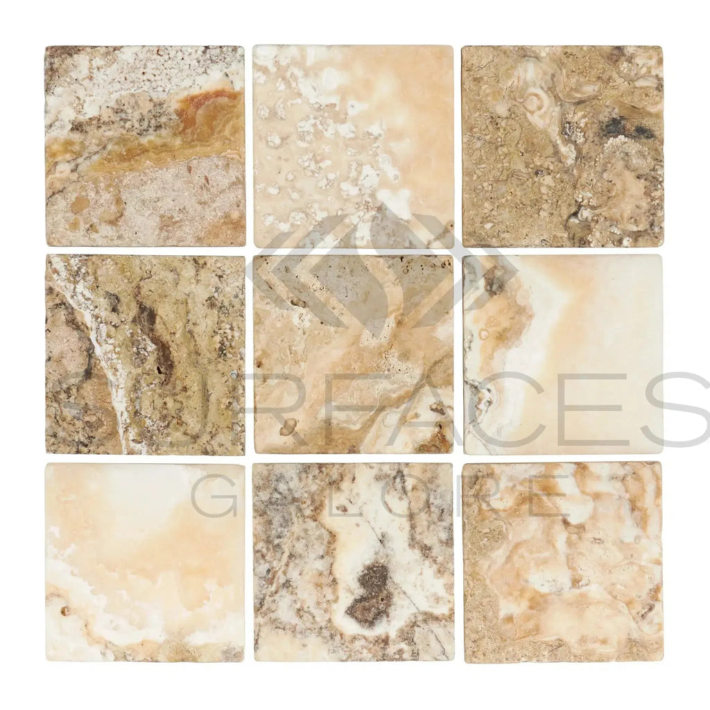 Nine square Antico Onyx Travertine 6X6 Tumbled tiles showcasing natural elegance