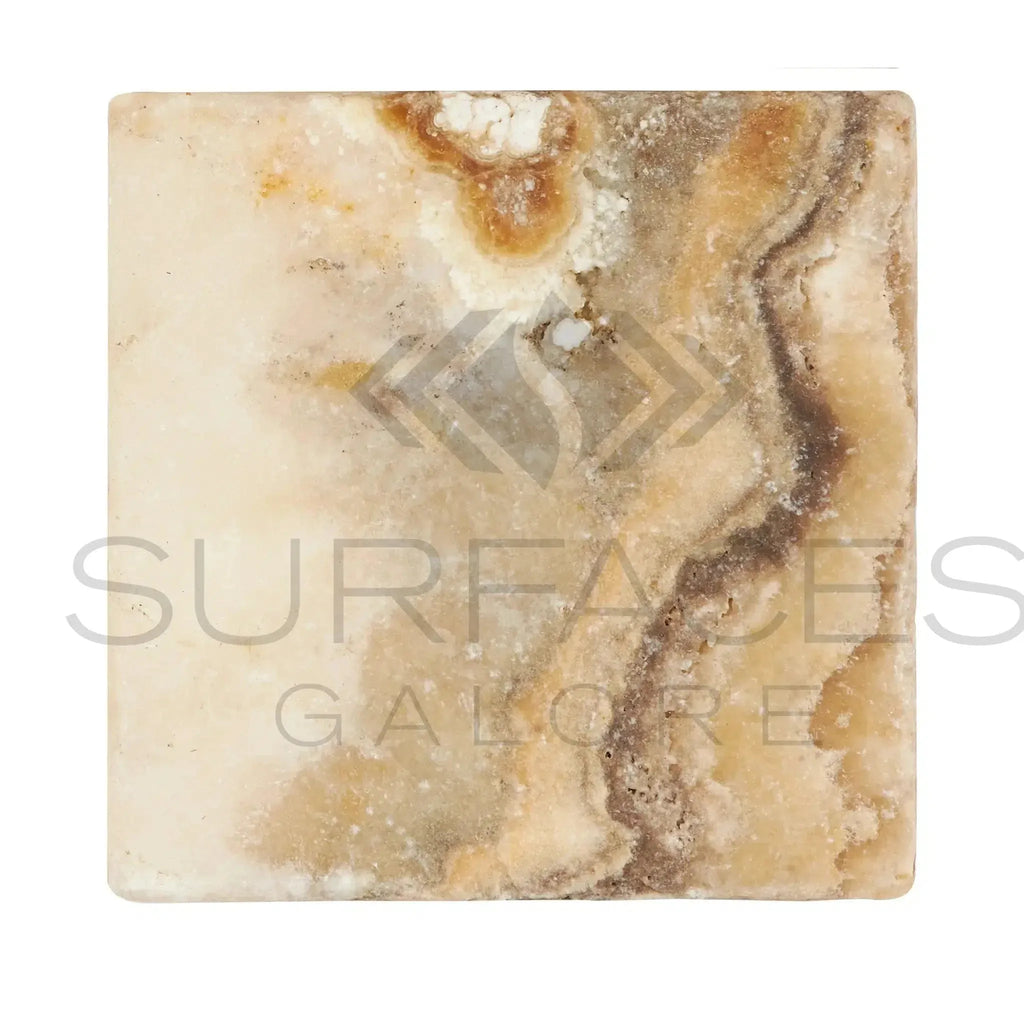 Square tile featuring swirling beige and brown patterns in Antico Onyx Travertine design