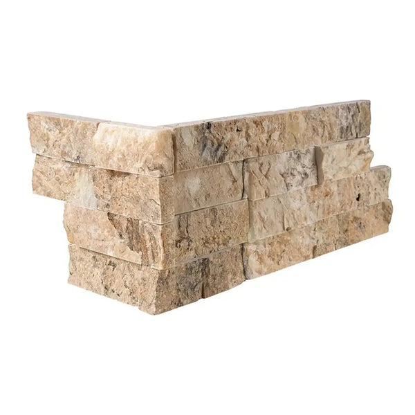 Corner section of Antico Onyx Travertine Ledger-Panel with stacked stone veneer
