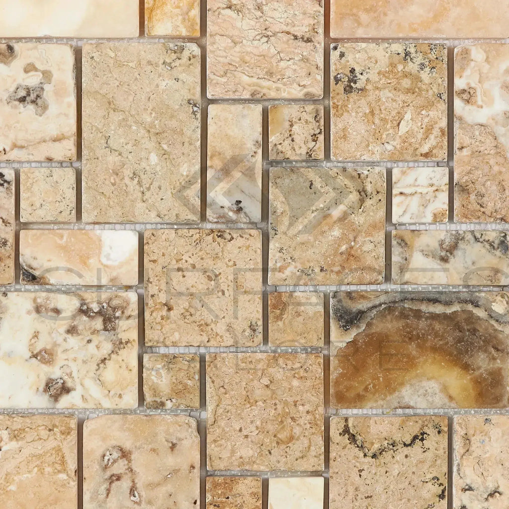 Beige and brown travertine mosaic tile in Antico Onyx Travertine design