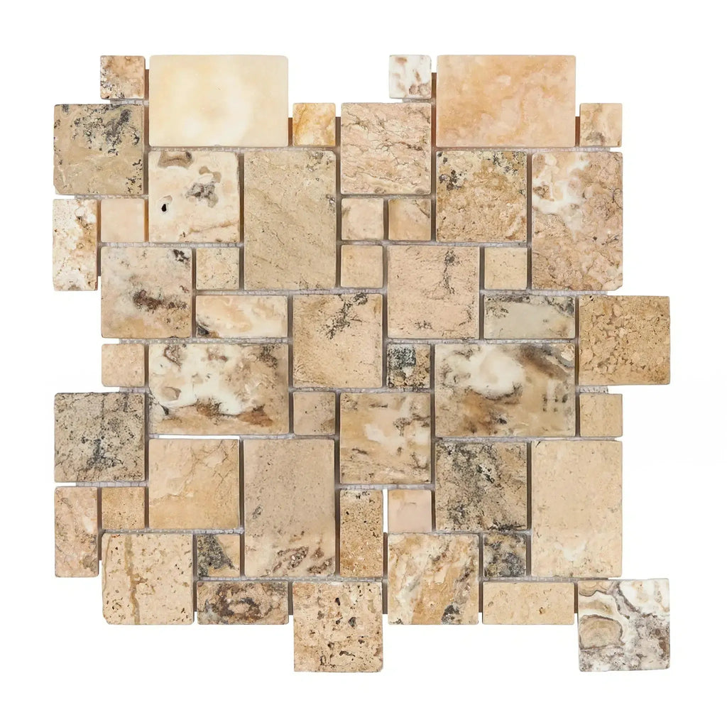 Antico Onyx Travertine Micro-Pattern Mosaic Tile Sheet in Tumbled Finish