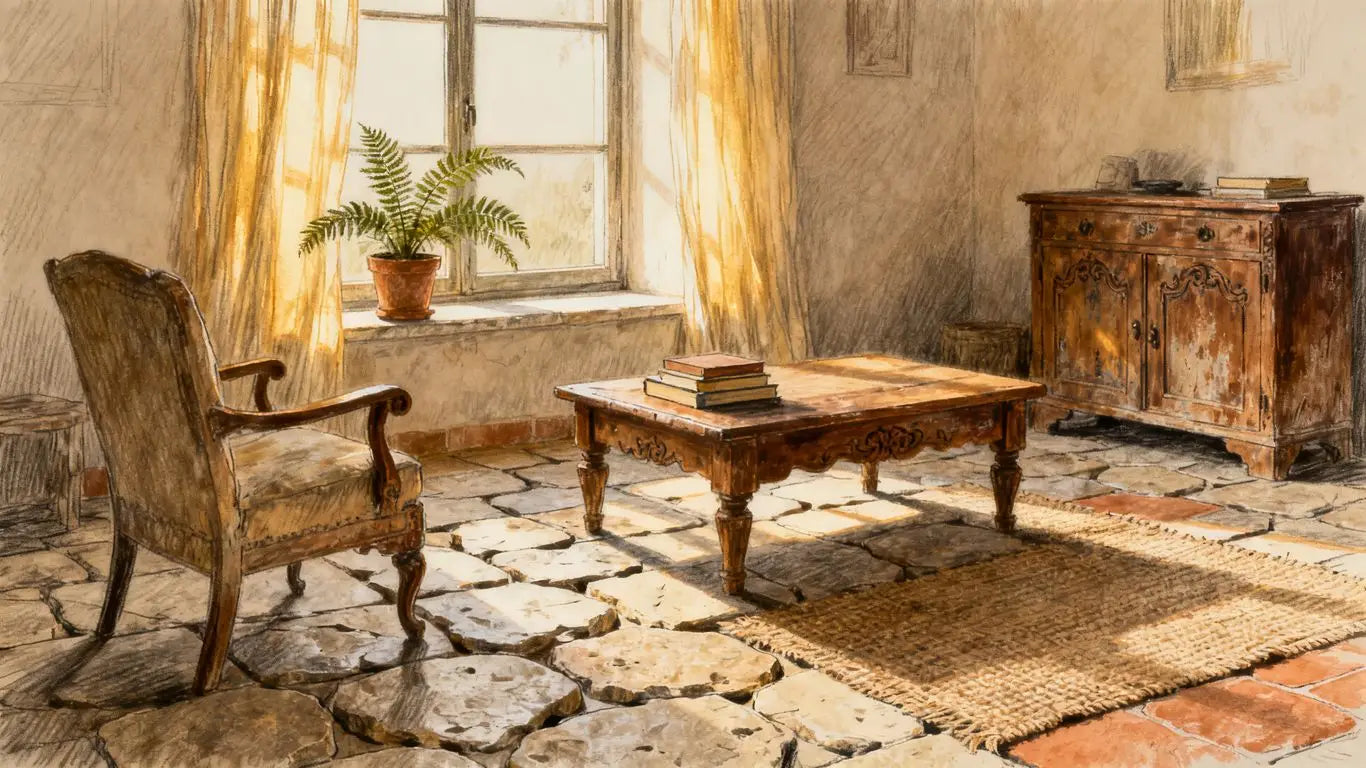 A bright room illuminated by sunlight on stone flooring