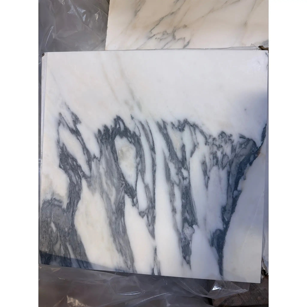 Arabescato Corchia 12x12 polished marble tile with white slab and dark gray veins