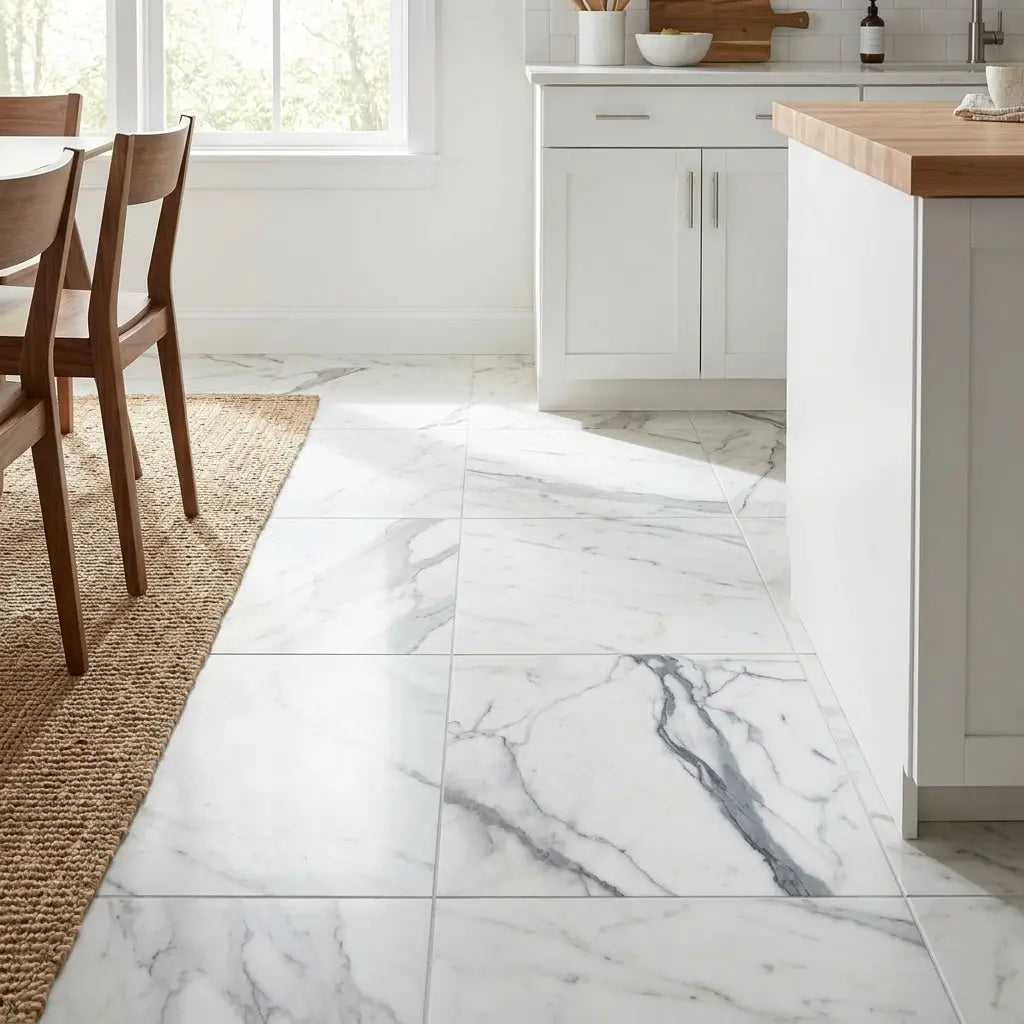 Arabescato Corchia 12x12 polished marble tile featuring white marble effect with gray veining for flooring use