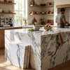 White and gray veined arabescato corchia 12x12 marble tile polished kitchen island surface