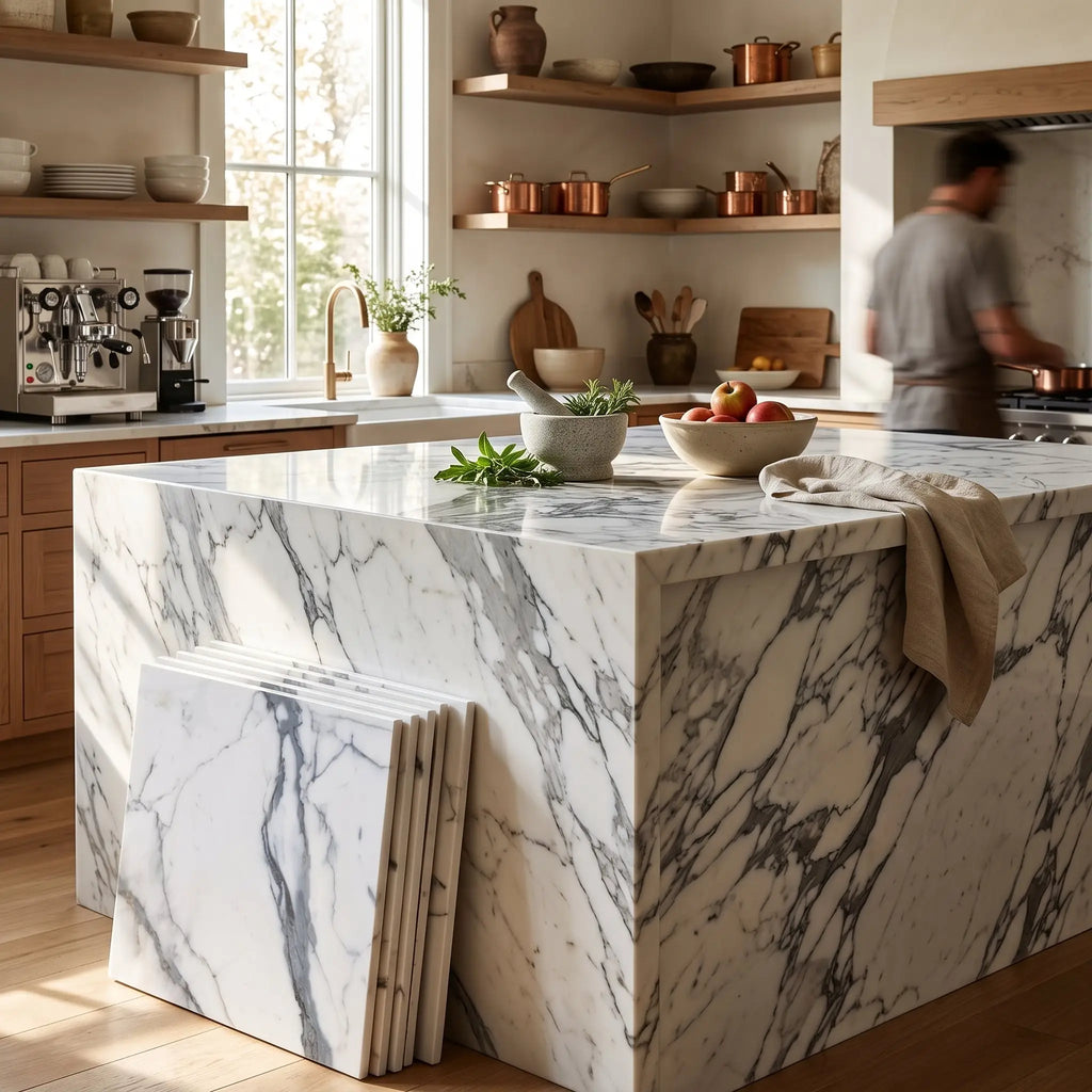 White and gray veined arabescato corchia 12x12 marble tile polished kitchen island surface