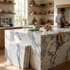 White and gray veined arabescato corchia 12x12 marble tile polished kitchen island with sleek polished surface
