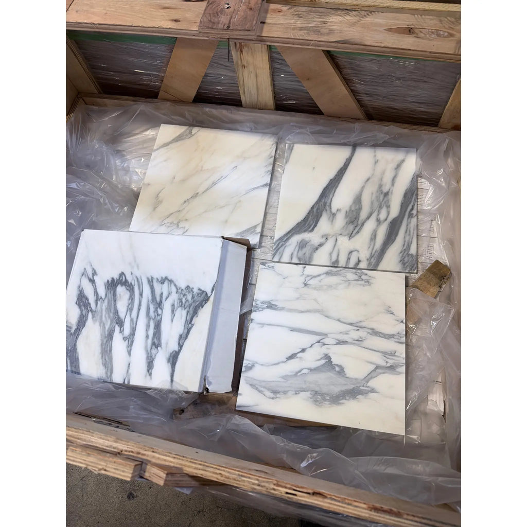 Arabescato Corchia 12x12 polished marble tile with gray veins in crate